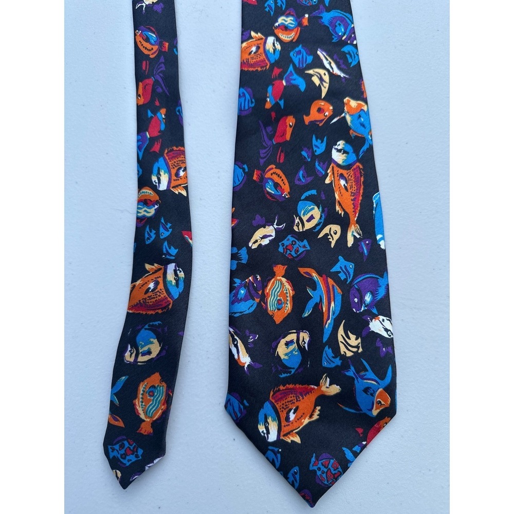 Rocket Italy Mens Silk Necktie Black Tropical Fish Nautical Animal Print Tie